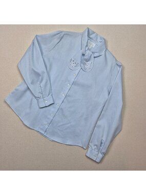Lady Shapely Long Sleeve Button Up Tie-Neck Blue Striped Blouse Sz L MCM 60s VTG